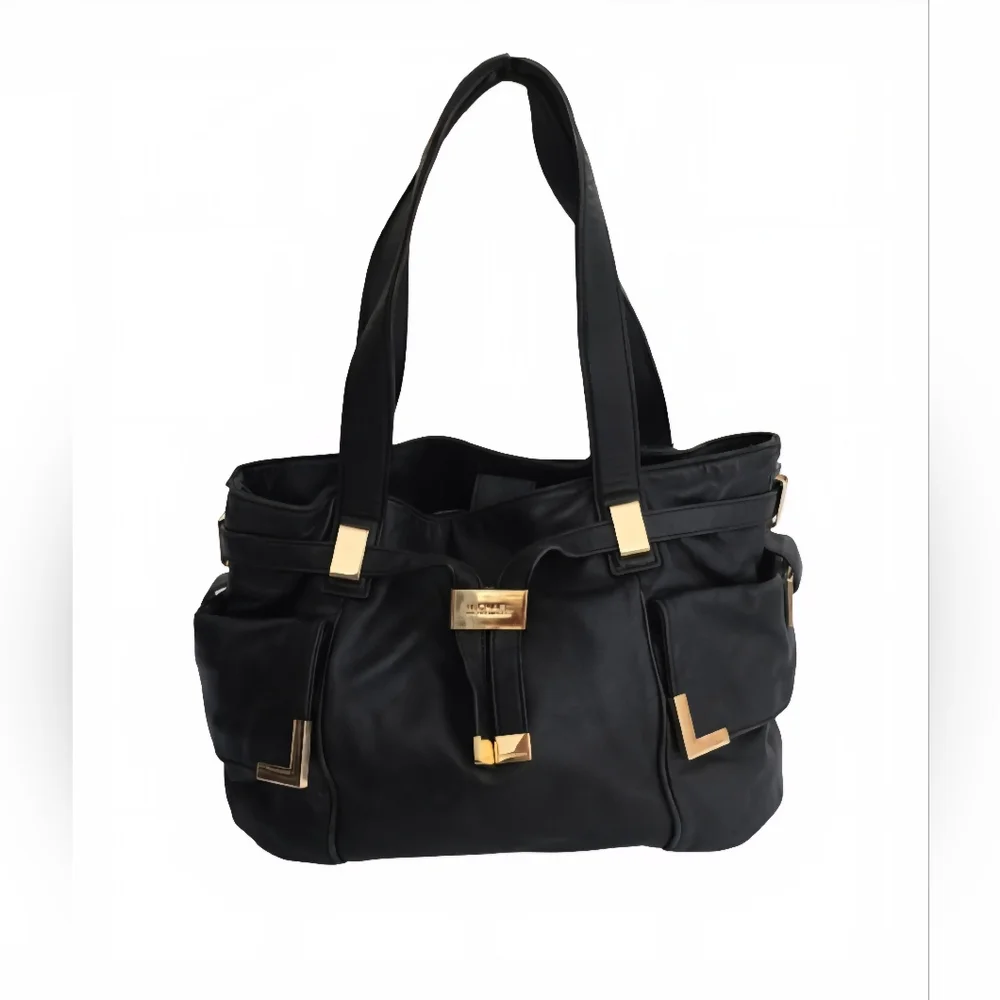 Michael Kors Black Leather Hobo Tote with Gold Hardware